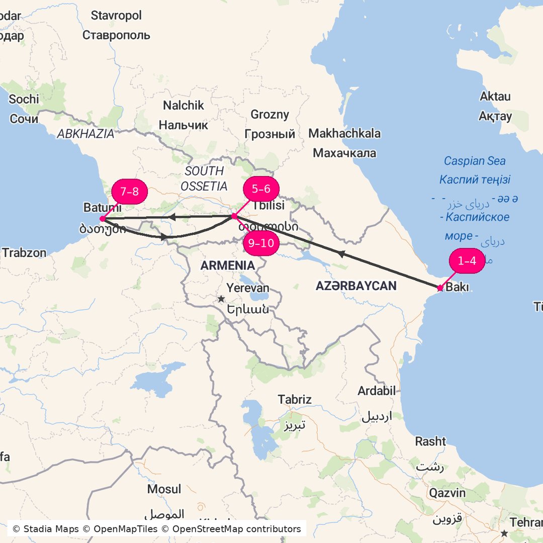 Itinerary route map for Baku and Georgia Coast