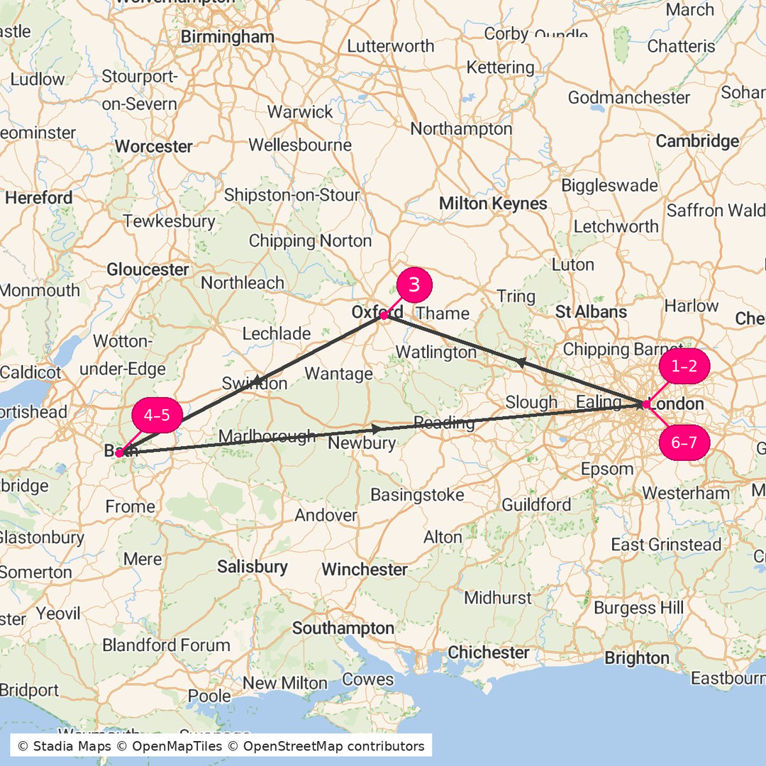 Itinerary route map for Historic Spires & Roman Waters