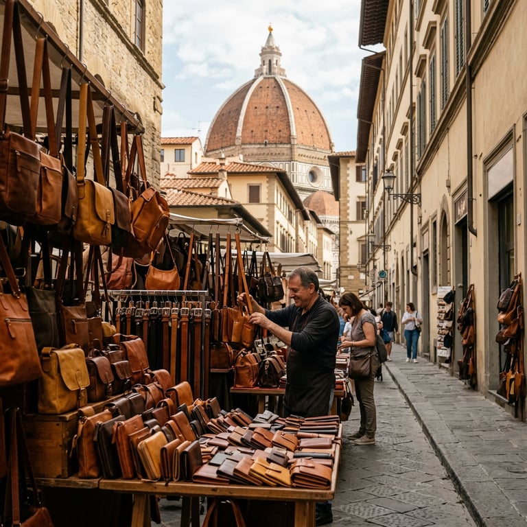 San Lorenzo street market stalls with leather bags and vendors in the foreground and Brunelleschi's Cathedral dome rising above the rooftops, Florence, Tuscany, Italy