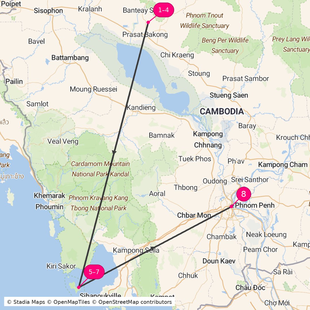 Itinerary route map for Cambodia Sacred Shores