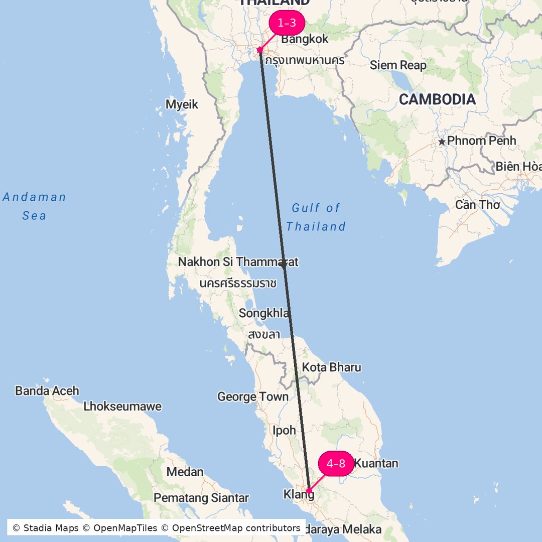 Itinerary route map for Bangkok and Kuala Lumpur Explorer