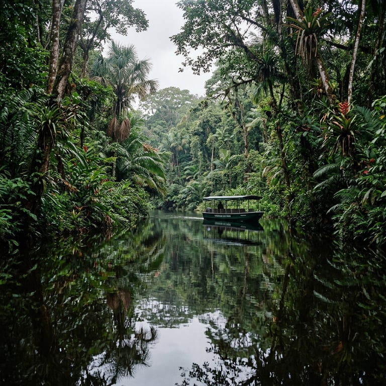 Boat navigating a calm Caribbean canal in Tortuguero during the rainy Pacific season in Costa Rica