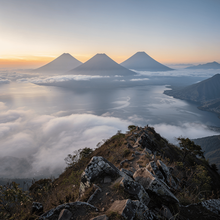 Lake Atitlán at dawn from the Indian Nose (Chi Nim Ya') ridge with the three southern volcanoes — Atitlán, Tolimán, and San Pedro — rising above the mist-covered lake surface, Sololá Department, Guatemala