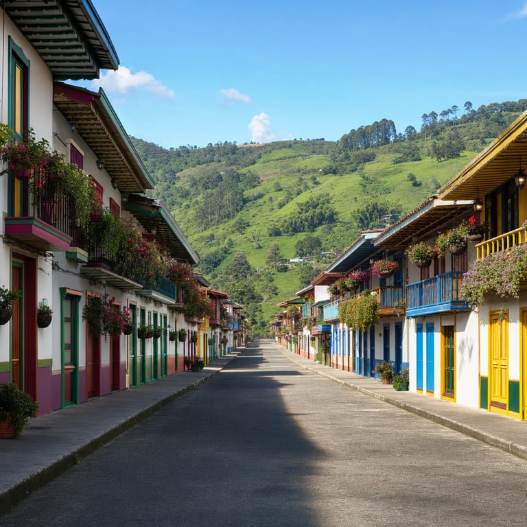 The main street of Salento town in the Coffee Region with colourful colonial bahareque buildings on both sides and the green Andean hillsides rising behind, Quindío, Colombia
