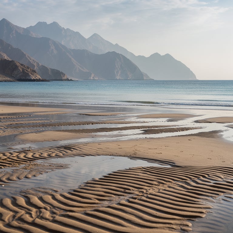 Al Aqah beach in Fujairah at low tide with the Hajar Mountains rising steeply behind the shoreline and the Arabian Sea calm, Fujairah, UAE