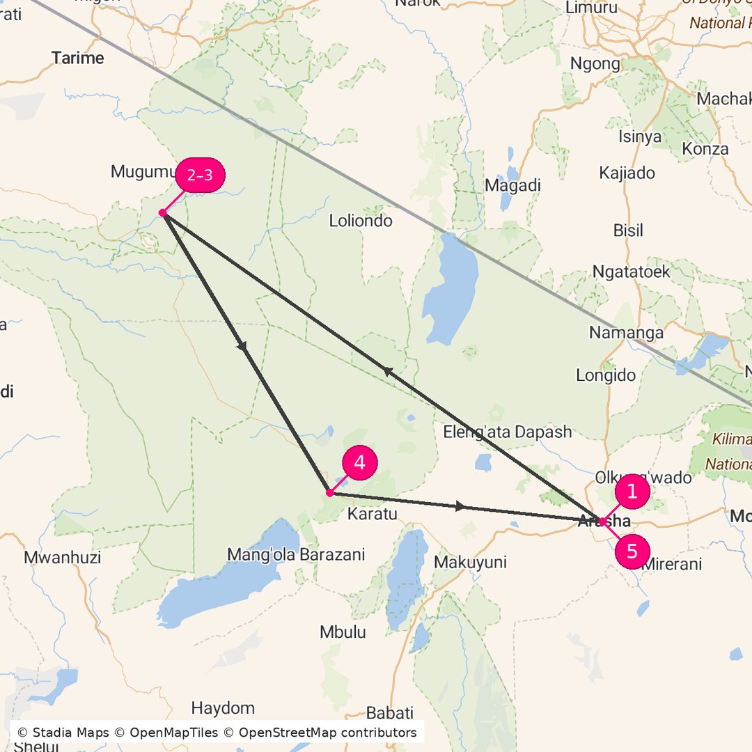 Itinerary route map for Tanzania Safari Explorer