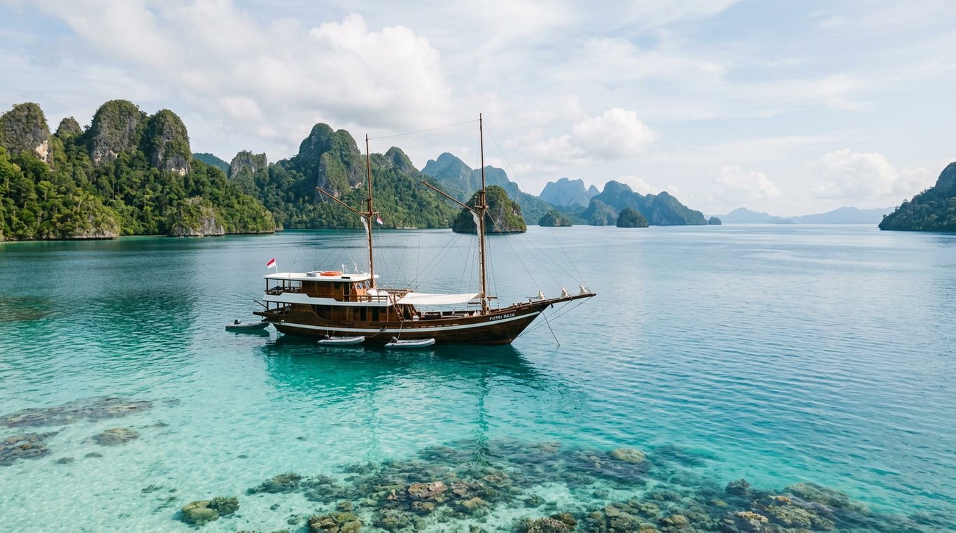 Liveaboard diving vessel anchored off a remote island in Raja Ampat, West Papua, Indonesia