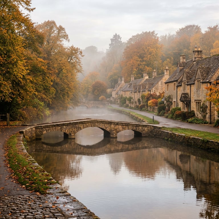 Bourton-on-the-Water in autumn morning mist with the River Windrush, low stone bridges, and golden trees, Cotswolds, Gloucestershire, England