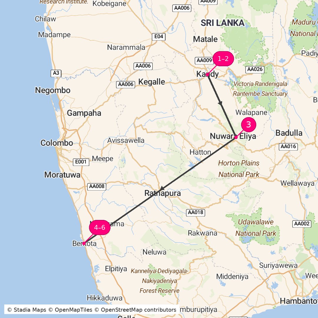 Itinerary route map for Kandy Coastal Escape