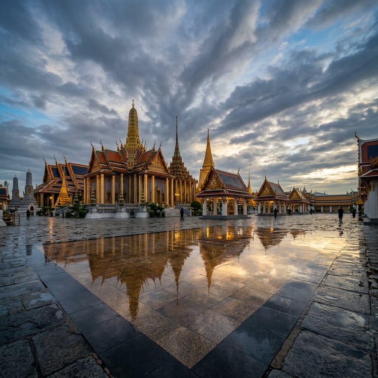 Rain clearing over the Grand Palace complex with moody skies and wet reflective pavements, Bangkok, Thailand
