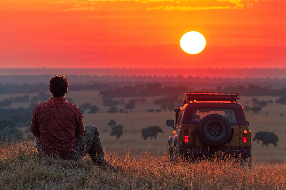 Private sundowner safari in a Kenyan wildlife conservancy with a 4x4 vehicle at sunset