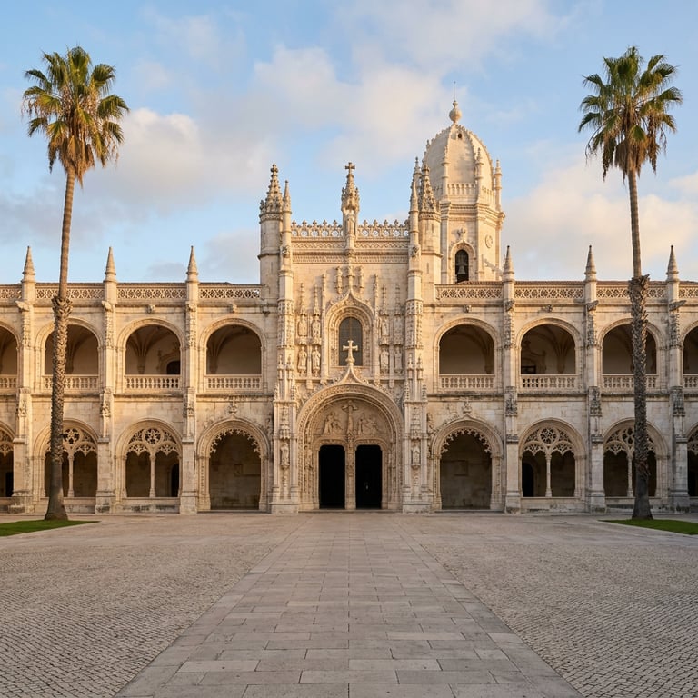 Jerónimos Monastery in Belém with the ornate Manueline facade and palm trees in morning light, no crowds, Belém, Lisbon, Portugal