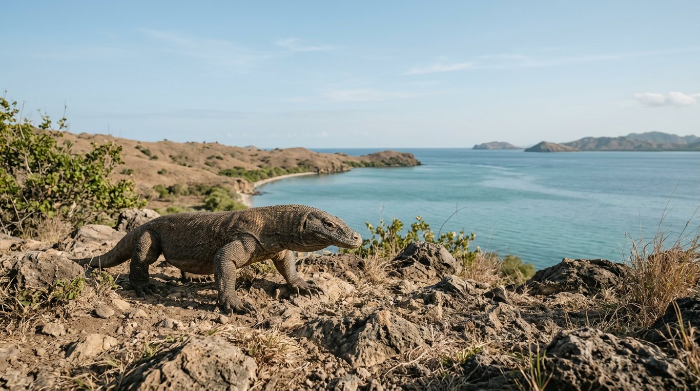 Komodo dragon on the rocky shoreline of Komodo National Park, East Nusa Tenggara, Indonesia