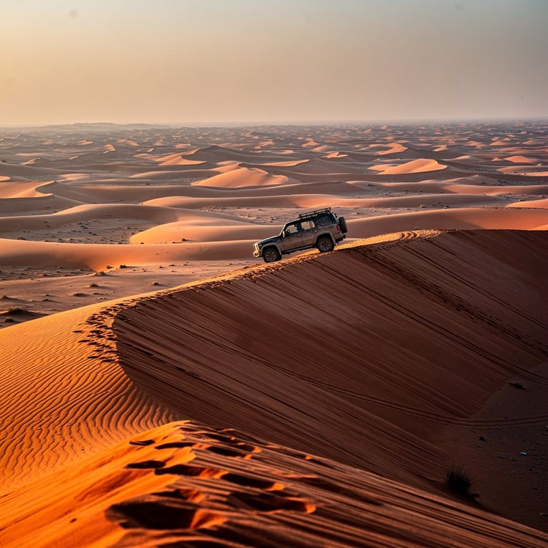 4x4 vehicle on the crest of a giant red sand dune at Liwa Oasis with the Empty Quarter desert stretching to the horizon, Abu Dhabi, UAE