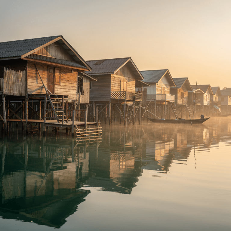 Kampong Phluk floating village at sunrise on the flooded Tonlé Sap Lake, stilted wooden houses reflected in the amber floodwater, Siem Reap Province, Cambodia
