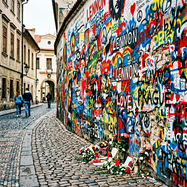 Lennon Wall covered in colourful painted murals, lyrics, and flowers in the Malá Strana neighbourhood, Prague, Czech Republic