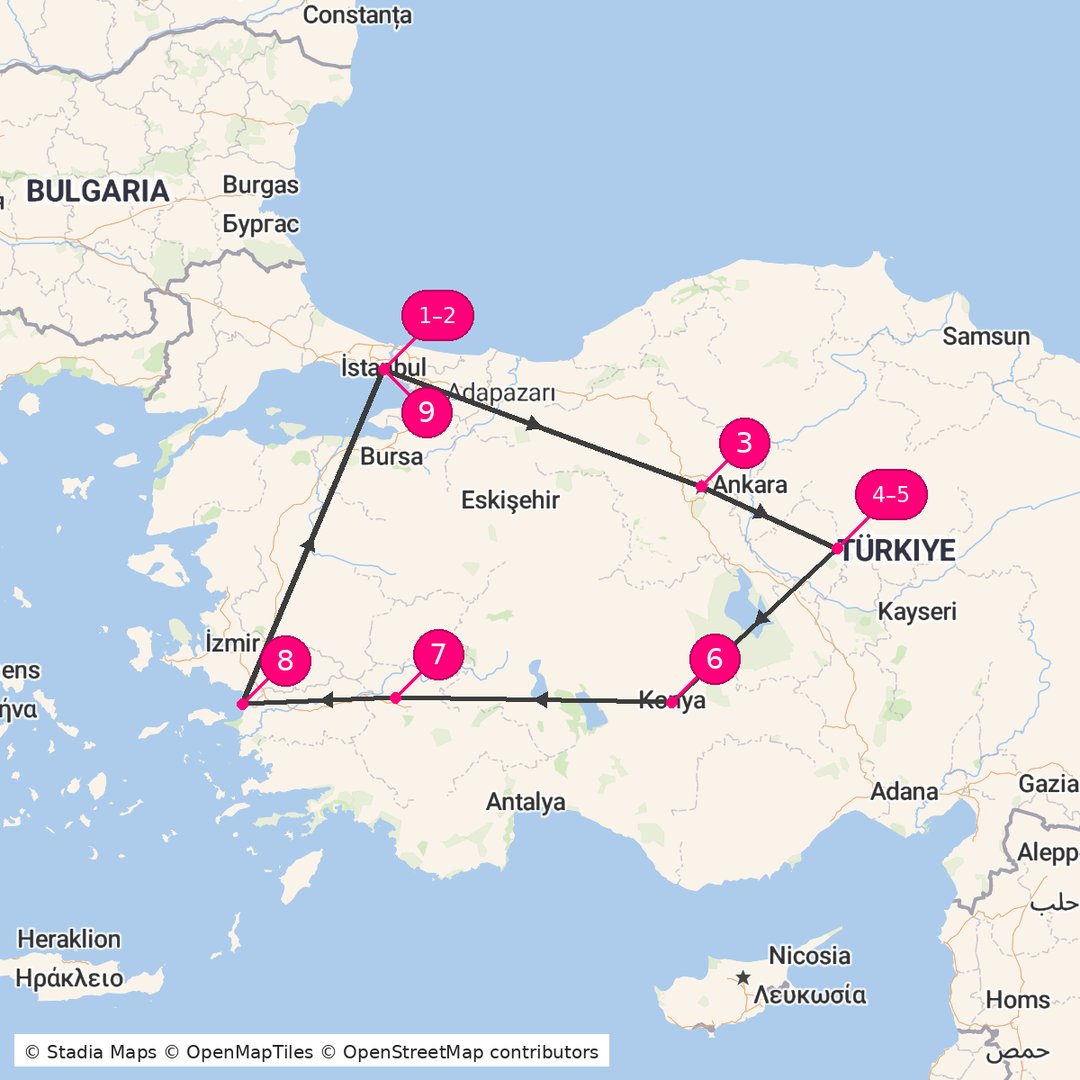 Itinerary route map for Turkish Crescent & Star Journey