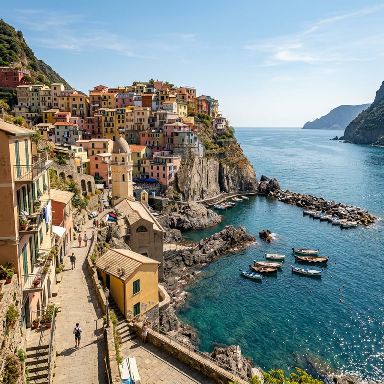 Cinque Terre coastal village of Vernazza with colourful houses on the cliff above the harbour and the Ligurian Sea in summer, Liguria, Italy