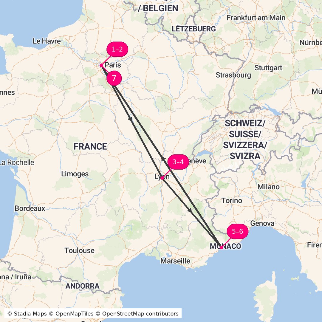 Itinerary route map for French Riviera & Classic Tour