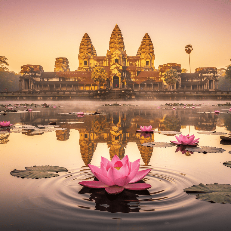 Angkor Wat at sunrise with the five central towers reflected in the northern reflecting pool, pink lotus blossoms in the foreground and a gold and amber sky behind the spires, Siem Reap, Cambodia