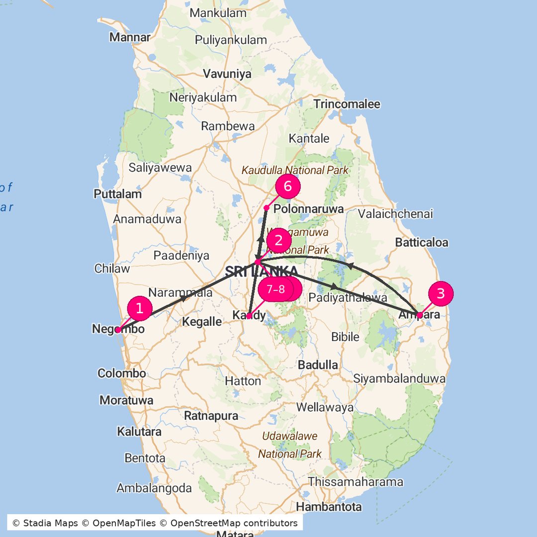 Itinerary route map for Kandy Wildlife Escape