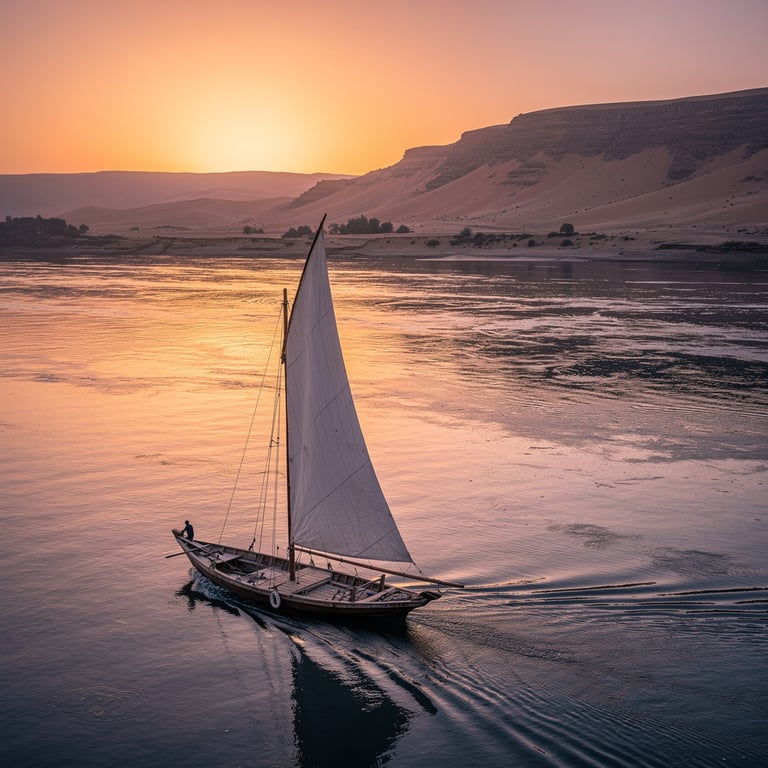 Felucca sailboat on the Nile River at sunset with Aswan's west bank sand dunes and desert hills behind, Aswan, Upper Egypt
