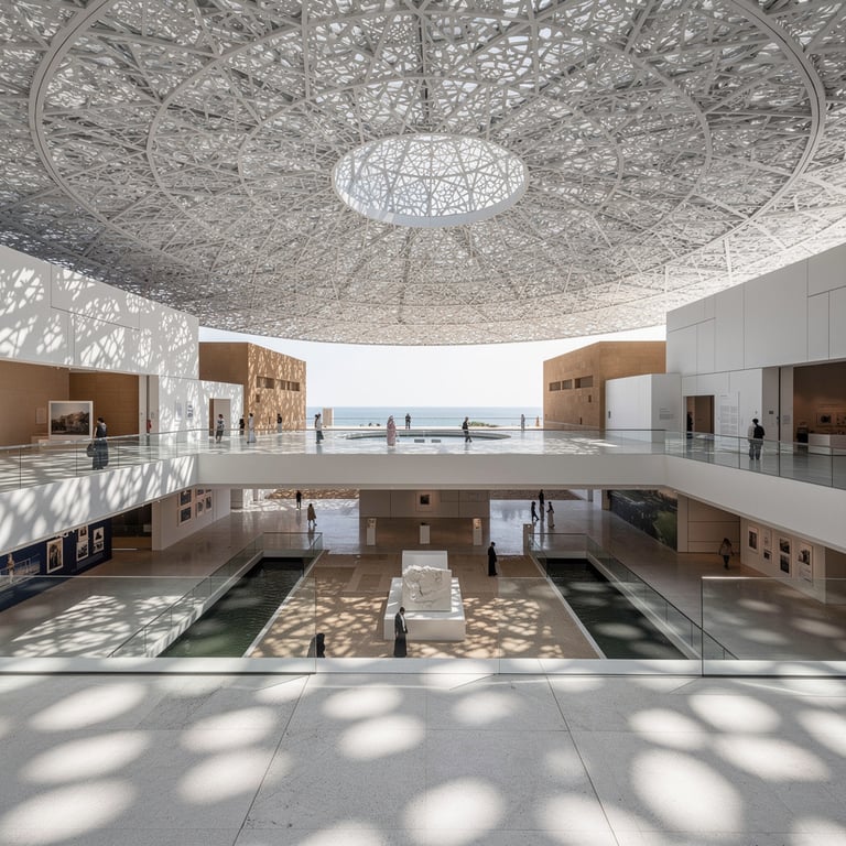Interior of the Louvre Abu Dhabi under the geometric latticed dome with light filtering through the roof onto the galleries below, Saadiyat Island, Abu Dhabi, UAE