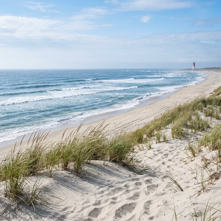 Nauset Beach on the Cape Cod National Seashore in summer with white sand, blue Atlantic surf, and a lighthouse in the distance, Eastham, Cape Cod, Massachusetts