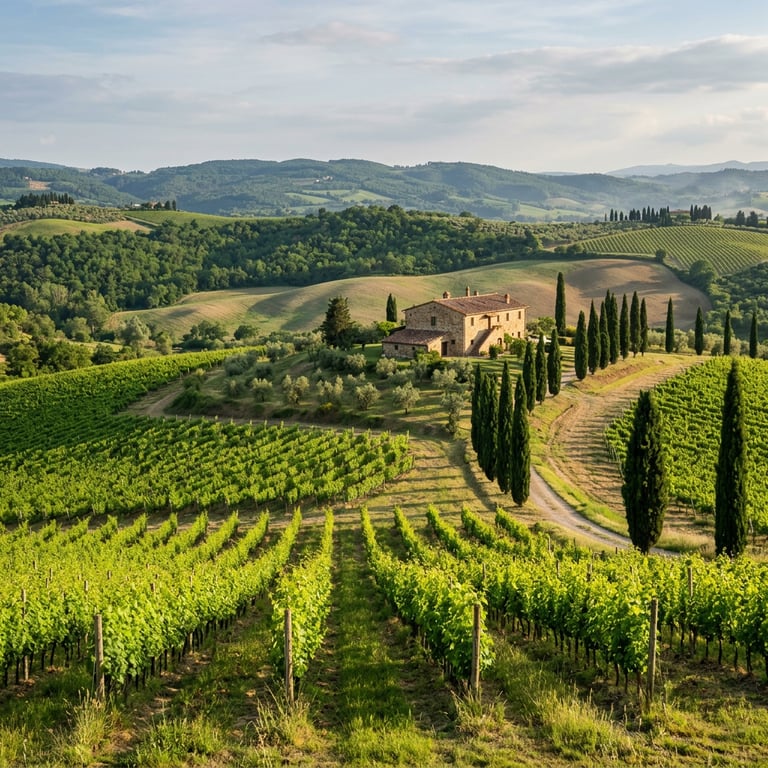Chianti vineyard hillside in spring with cypress trees, a stone farmhouse, and vivid green vine rows, Tuscany, Italy