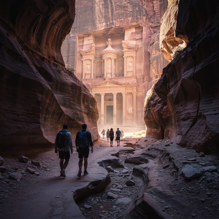 Hikers walking through the narrow Siq canyon toward Petra's Treasury with warm sandstone walls on both sides, Petra, Jordan