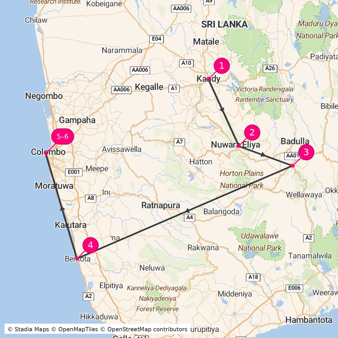 Itinerary route map for Sri Lanka in a Week
