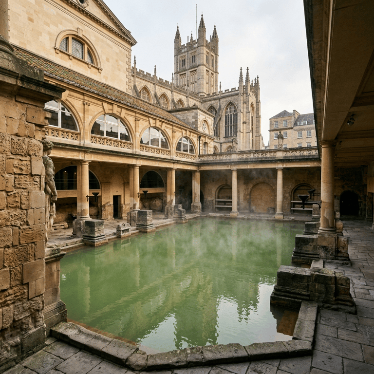 The Roman Great Bath with steaming mineral water, Roman stonework, and Bath Abbey rising above the colonnade in afternoon light, Bath, Somerset, England