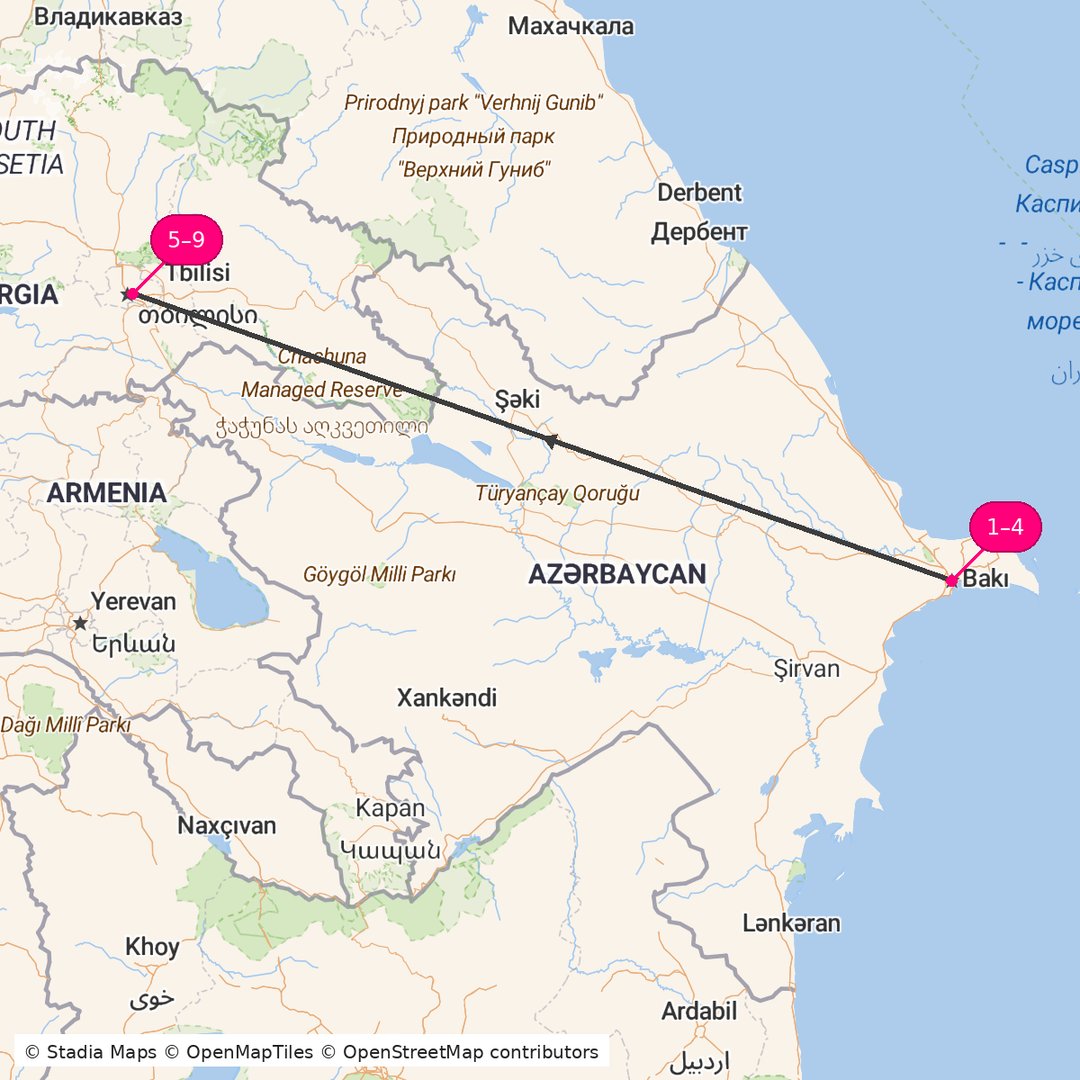 Itinerary route map for Baku and Georgia Journey