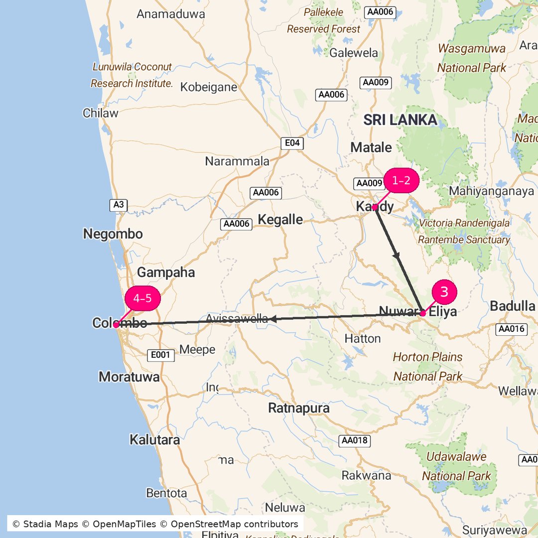Itinerary route map for Kandy Ceylon Classic