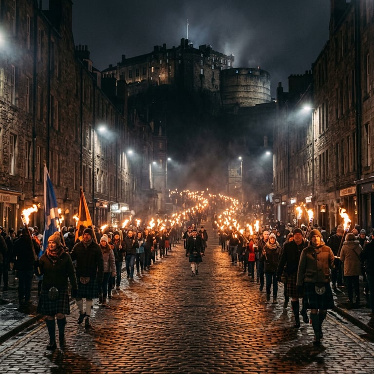 Edinburgh Hogmanay torchlight procession at night with thousands of torches winding up the Royal Mile toward the castle, Edinburgh, Scotland