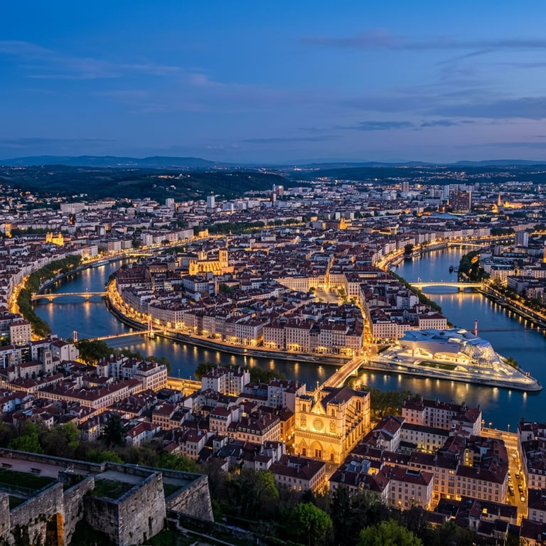 Vieux Lyon and the Presqu'île district seen from Fourvière Hill at dusk with the Saône and Rhône rivers converging below, Lyon, Auvergne-Rhône-Alpes, France