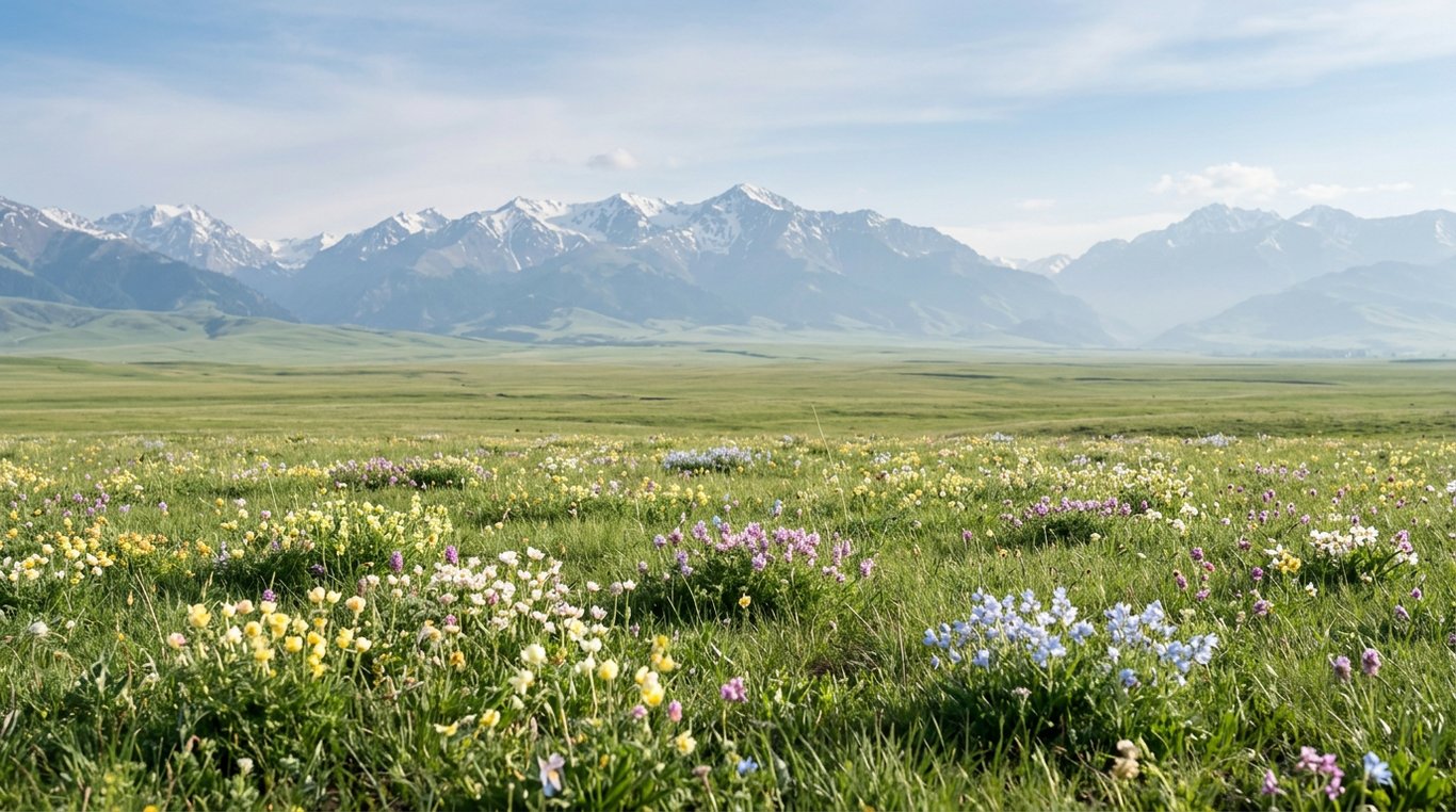 Wildflower meadow on the open steppe below the Tien Shan mountains near Almaty in spring, Kazakhstan