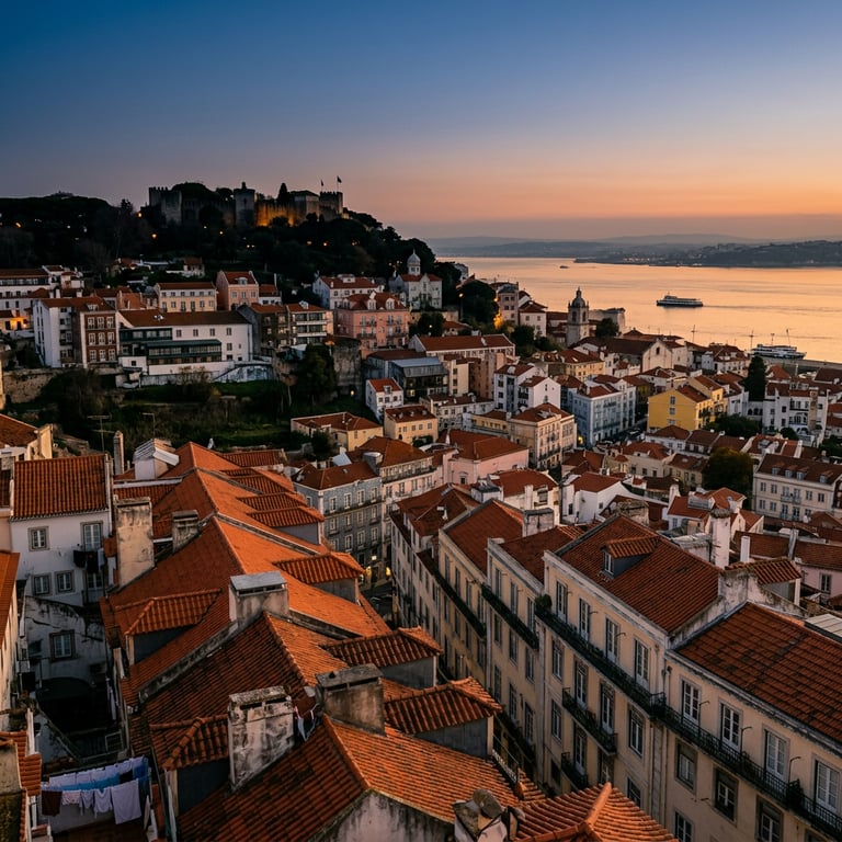 Alfama neighbourhood rooftops at dusk with the São Jorge Castle above and the Tagus River estuary visible below, Lisbon, Portugal