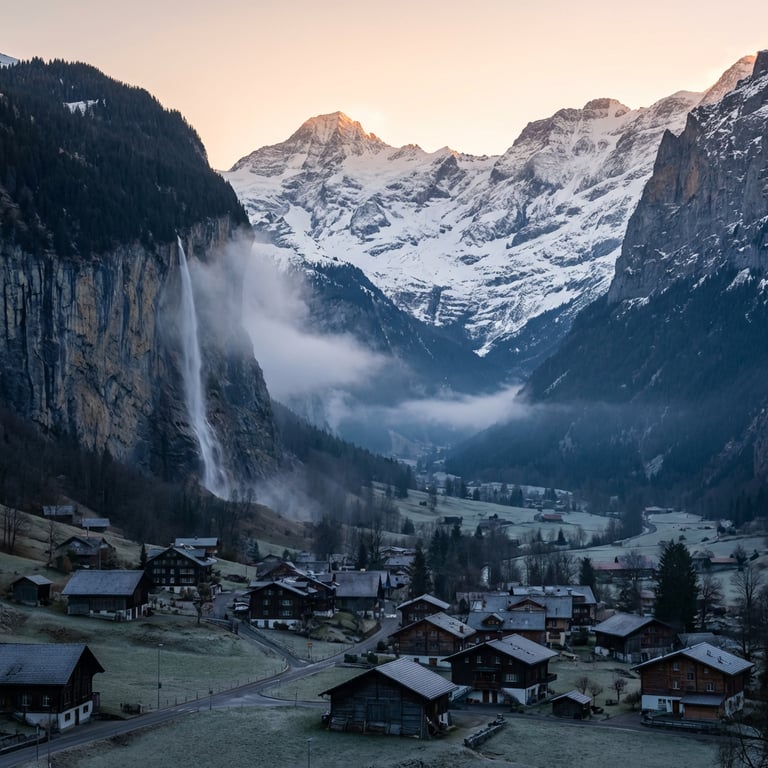 Lauterbrunnen Valley floor at dawn with the Staubbach Falls dropping from the sheer cliff face, the village below, and the Bernese Alps rising on both sides, Lauterbrunnen, Bern Canton, Switzerland