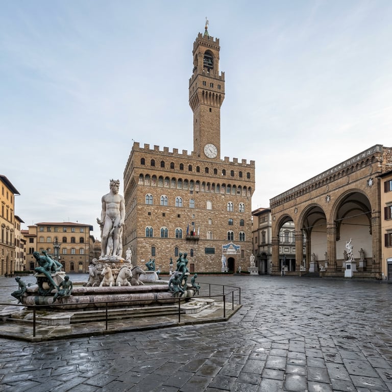 Piazza della Signoria in Florence on a quiet winter morning with the Palazzo Vecchio tower and the Neptune Fountain with no crowds, Florence, Italy