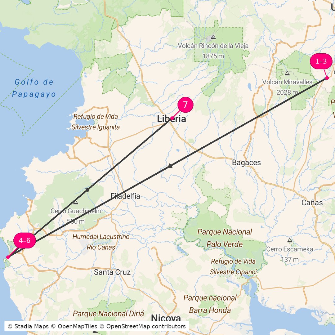 Itinerary route map for Costa Rica Blue River & Beach Retreat