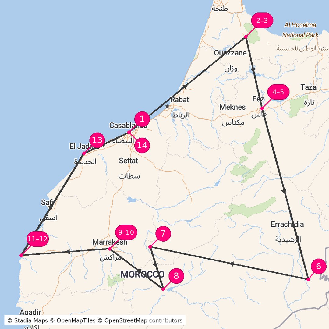 Itinerary route map for Morocco Complete Culture