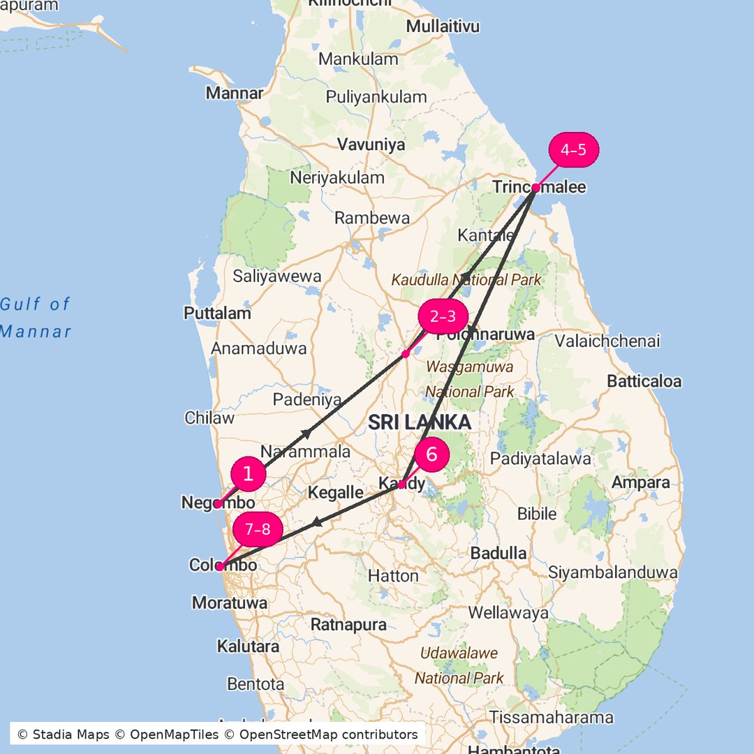 Itinerary route map for Sri Lanka Serendipity Trail