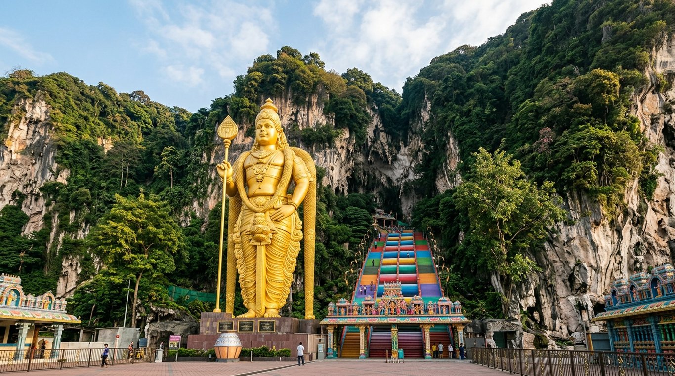 Batu Caves Hindu temple staircase with golden Lord Murugan statue, Selangor, Malaysia