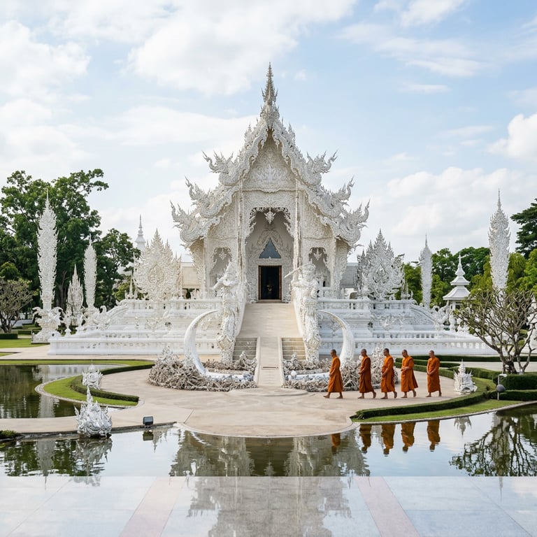 Buddhist monks walking past the White Temple (Wat Rong Khun) intricate architecture, Chiang Rai, Thailand