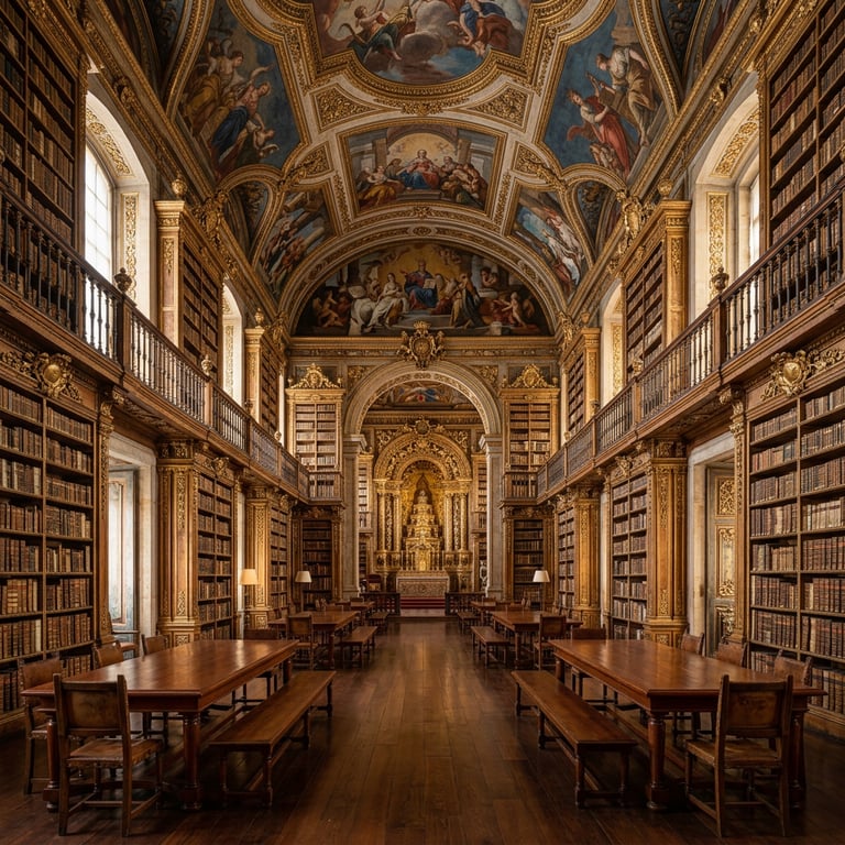Baroque Joanina Library interior with painted vaulted ceilings, gilded shelves, and leather-bound books, Universidade de Coimbra, Portugal
