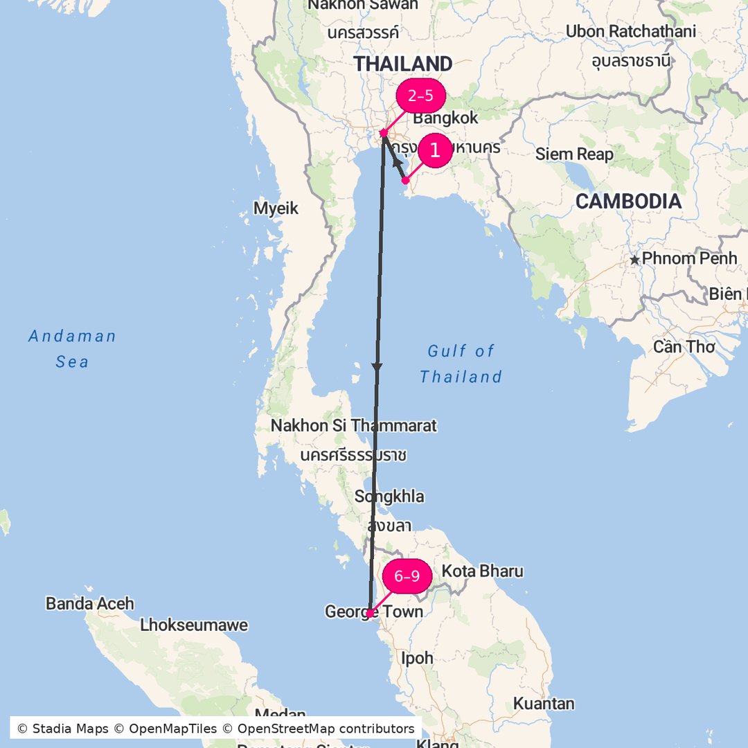 Itinerary route map for Thailand Beaches & Penang Heritage