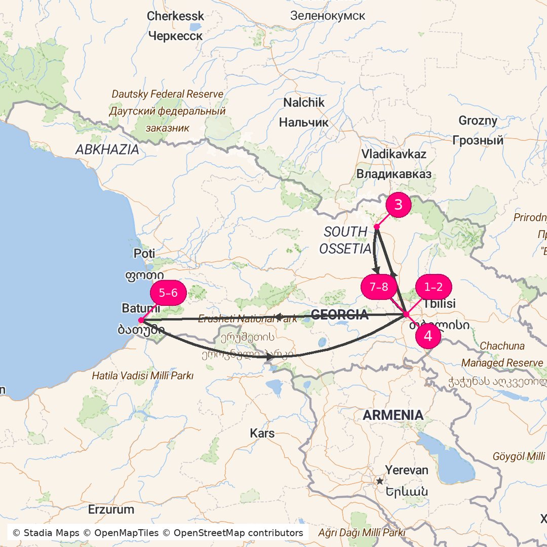 Itinerary route map for Georgia in Eight Days