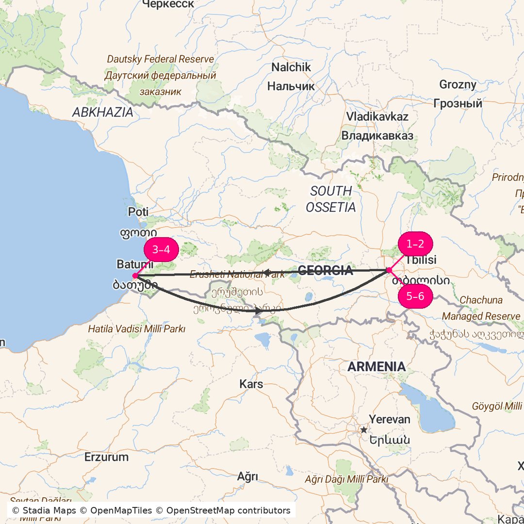 Itinerary route map for Velvet Routes of Georgia