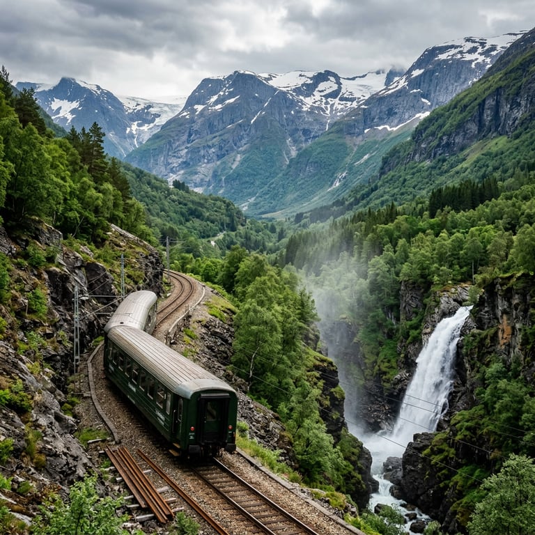 Flåm Railway carriage descending through the steep Flåm Valley past Kjosfossen waterfall with snow on the peaks above and green birch forest below, Flåm, Vestland, Norway